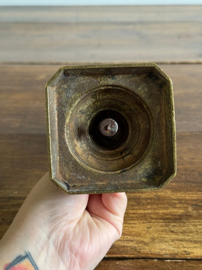 Single Vintage Brass Candlestick Holder with Squared Base and Ornate Post Detailing