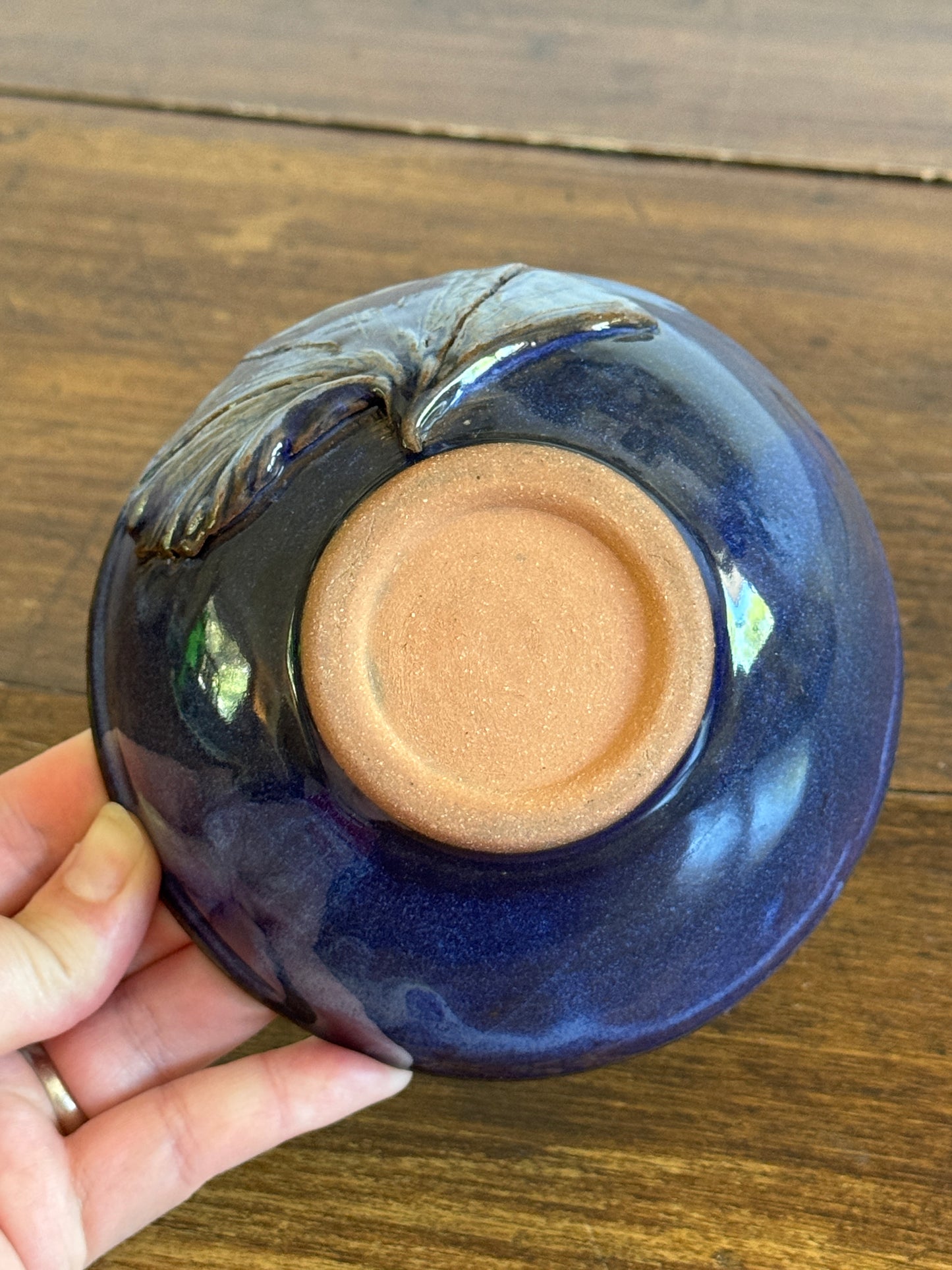 Hand Crafted Small Pottery Bowl with Leaf Design and Beautiful Blue Tones