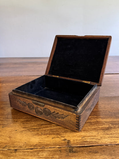 Antique Wood Carved Box with Floral Design and Deep Patina