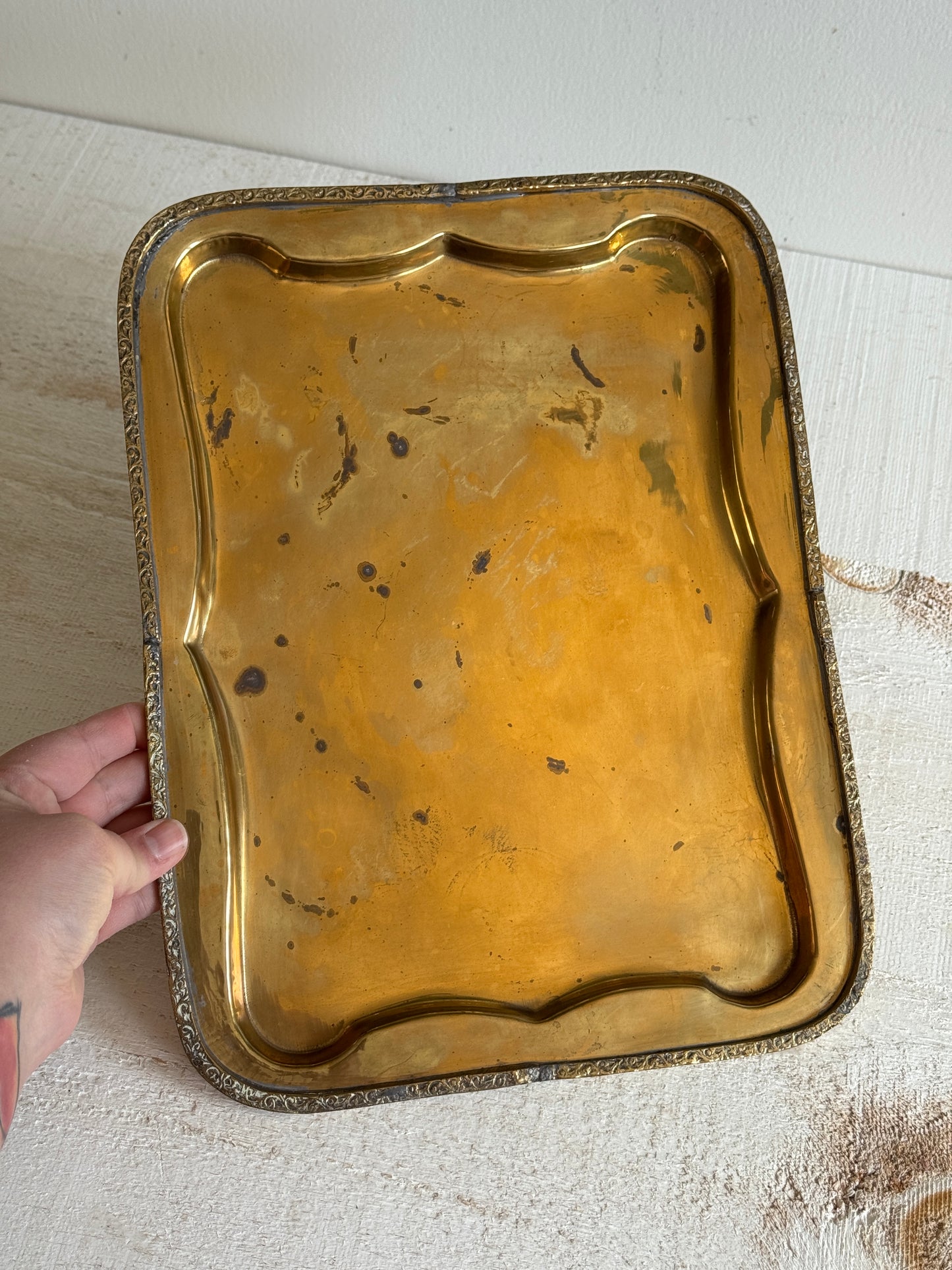 Vintage Brass Tray with Ornate Designed Edges - Vintage Brass Bowl - Made in India