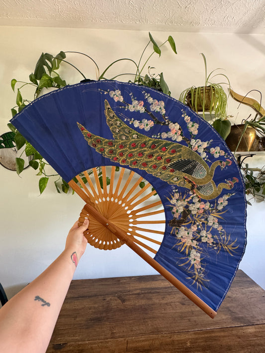 Extra Large Painted Fabric Fan with Peacock and Flowers