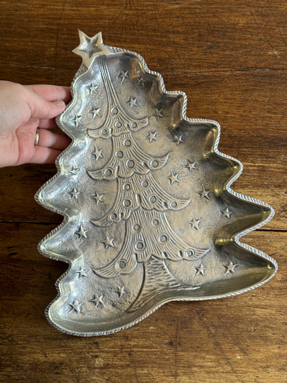 Silver-Tone Metal Christmas Tree Tray with Embossed Detailing