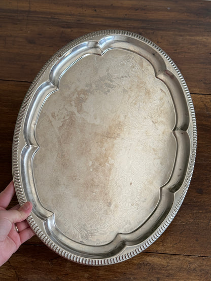Vintage Silver Tone Large Oval Tray with Scalloped Edge Detailing