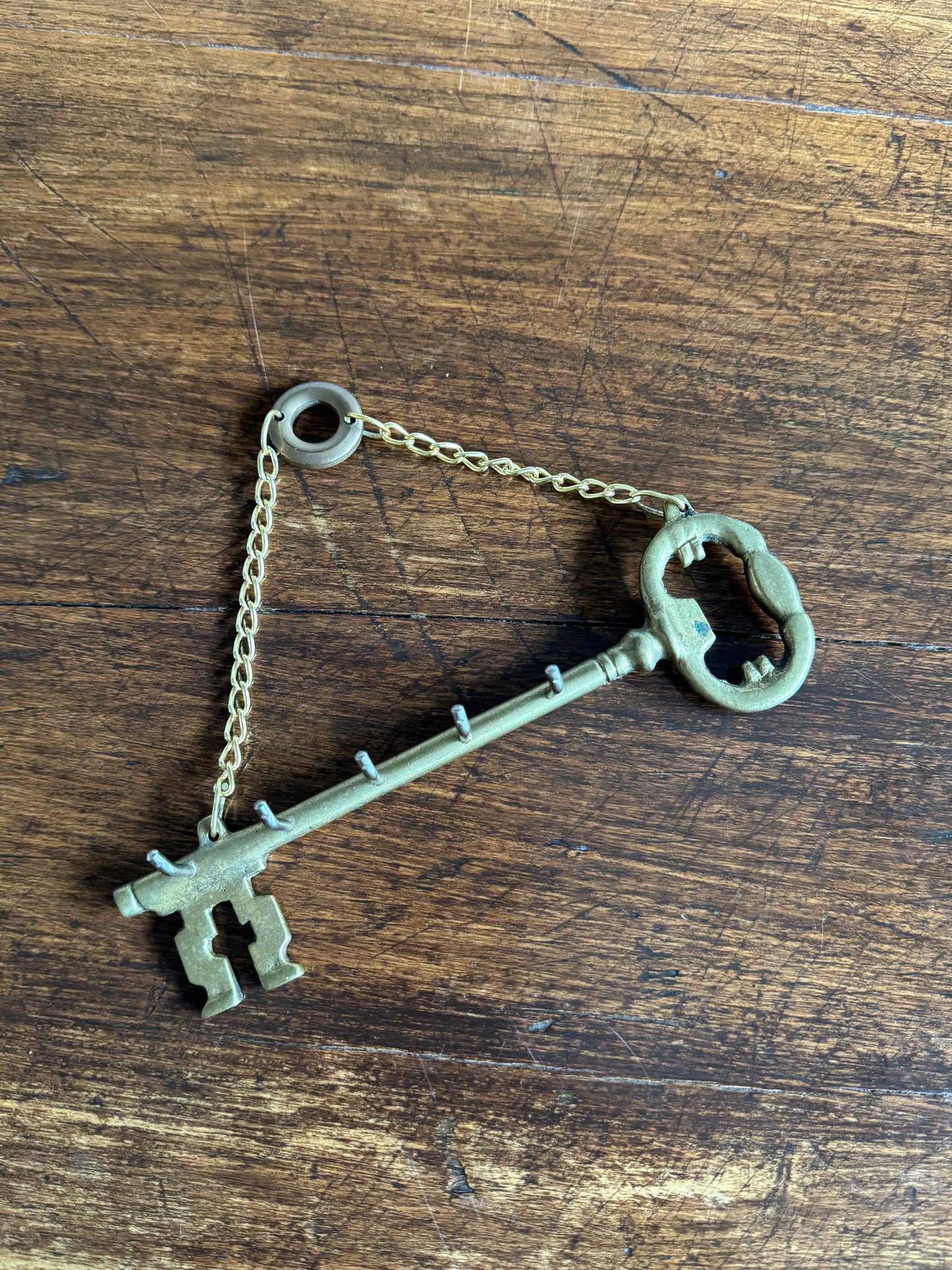 Vintage Brass Key Hook Shaped Like Old Key with Chain and Hooks