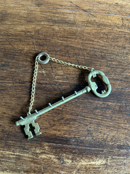 Vintage Brass Key Hook Shaped Like Old Key with Chain and Hooks