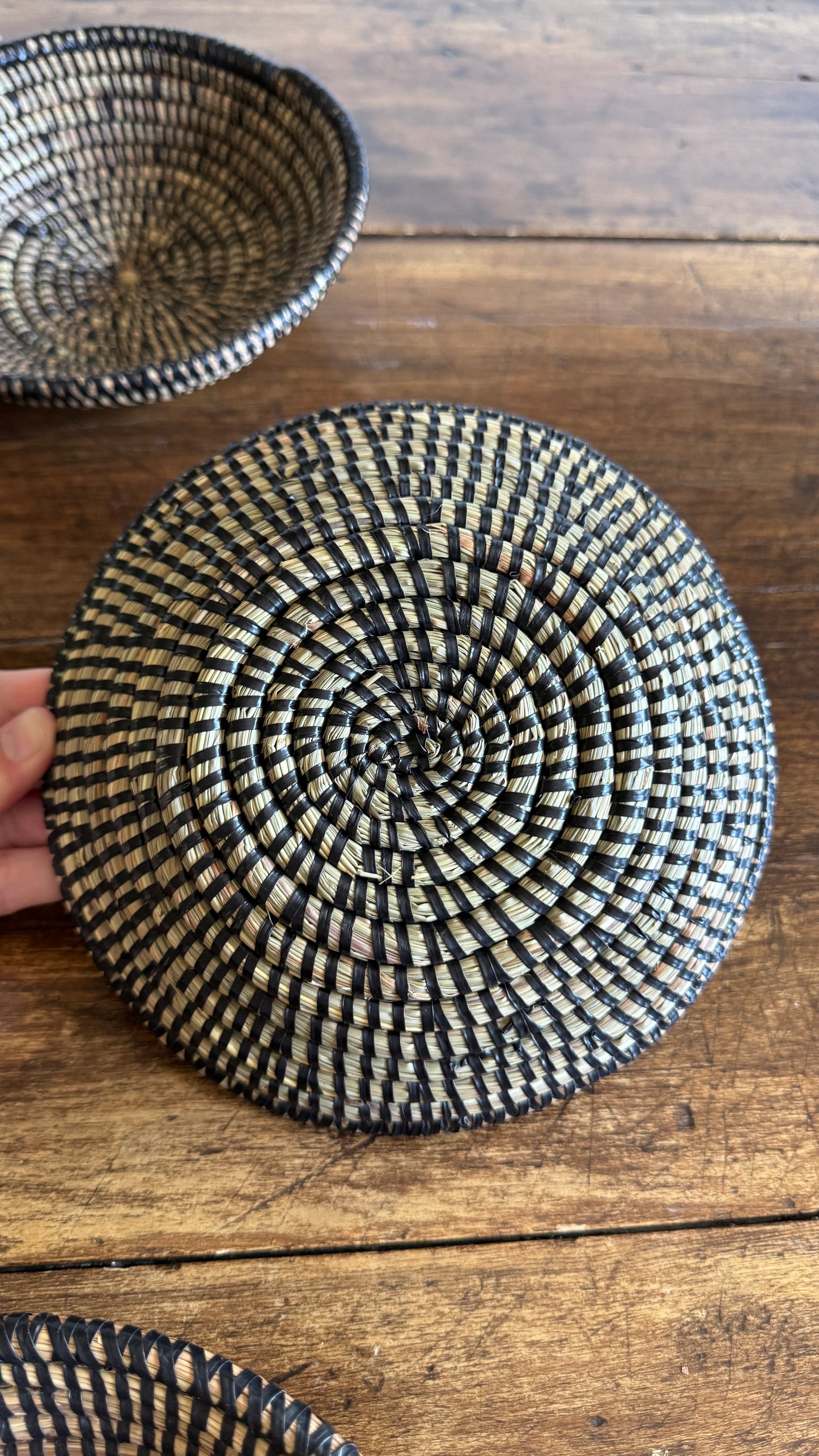 Set of Three Woven Sweet Grass Baskets with Black Accents