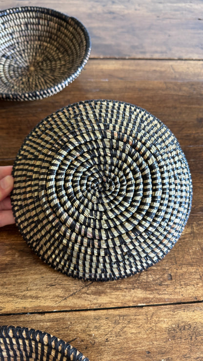 Set of Three Woven Sweet Grass Baskets with Black Accents