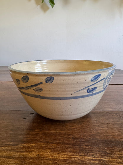 Blue and Cream Pottery Mixing Bowl with Lovely Flower Detailing