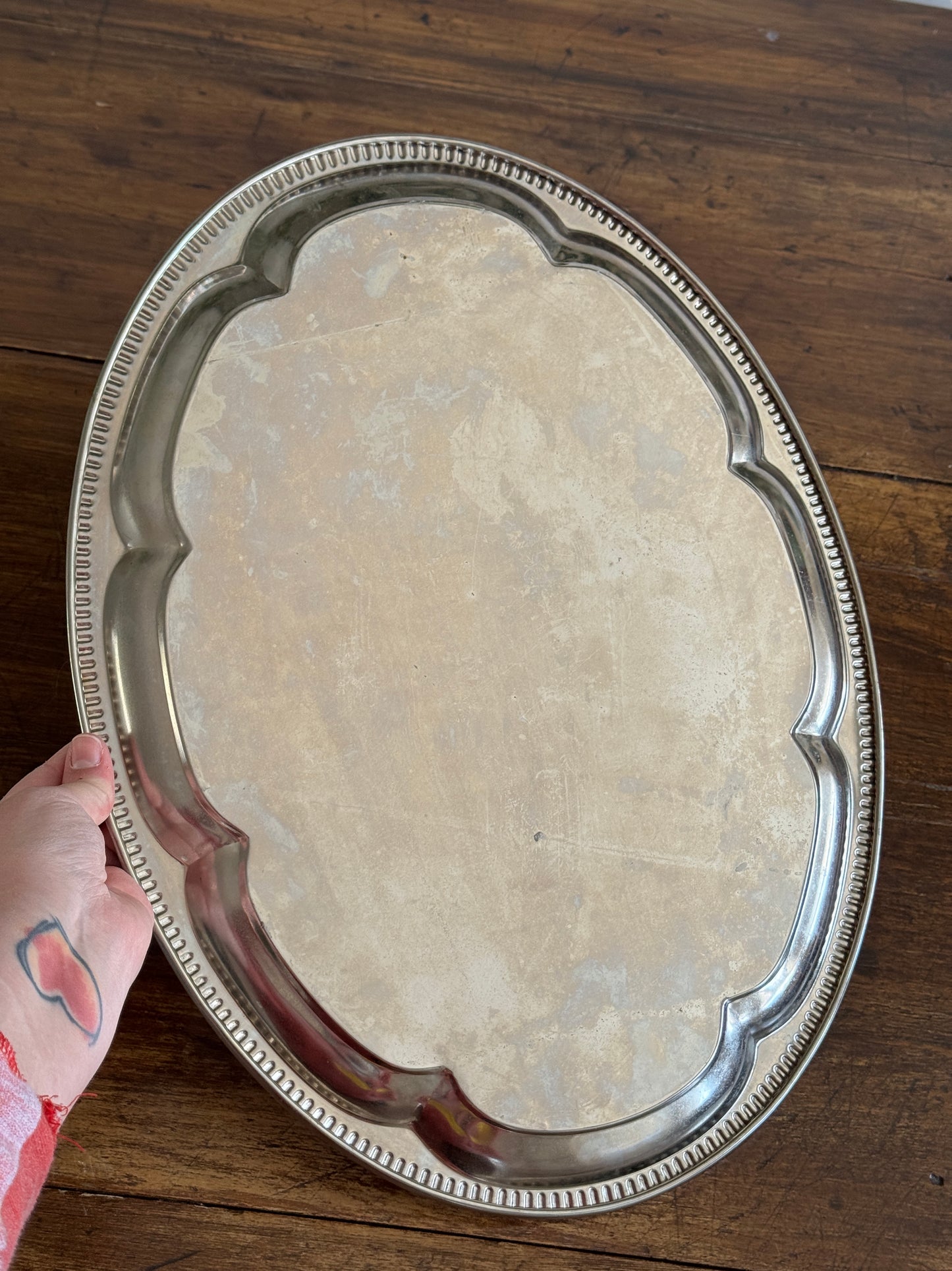 Vintage Silver Tone Large Oval Tray with Scalloped Edge Detailing