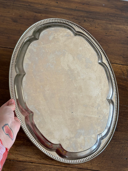 Vintage Silver Tone Large Oval Tray with Scalloped Edge Detailing
