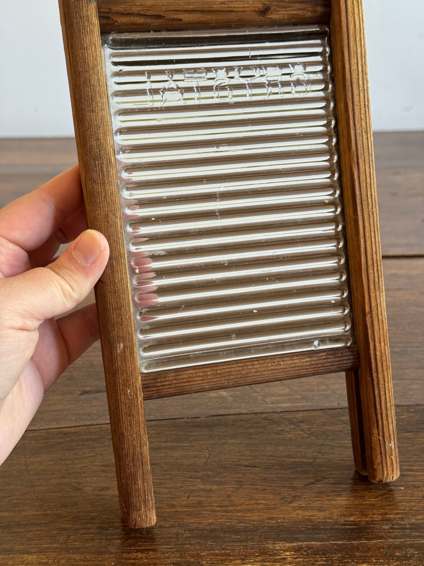 Vintage Small Child Size Wood and Glass Crystal Washboard