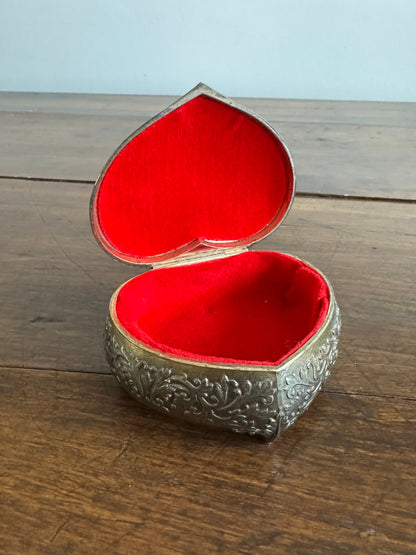 Small Vintage Heart Box with Ornate Metal Detailing Over Red Felt - Mini Trinket Box