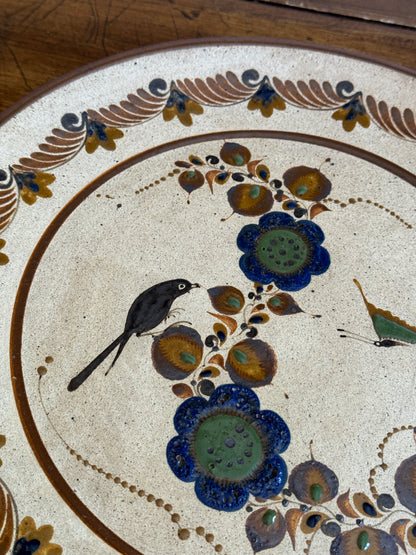 Vintage Large Mexico Pottery Plate with Flower and Bird Painting