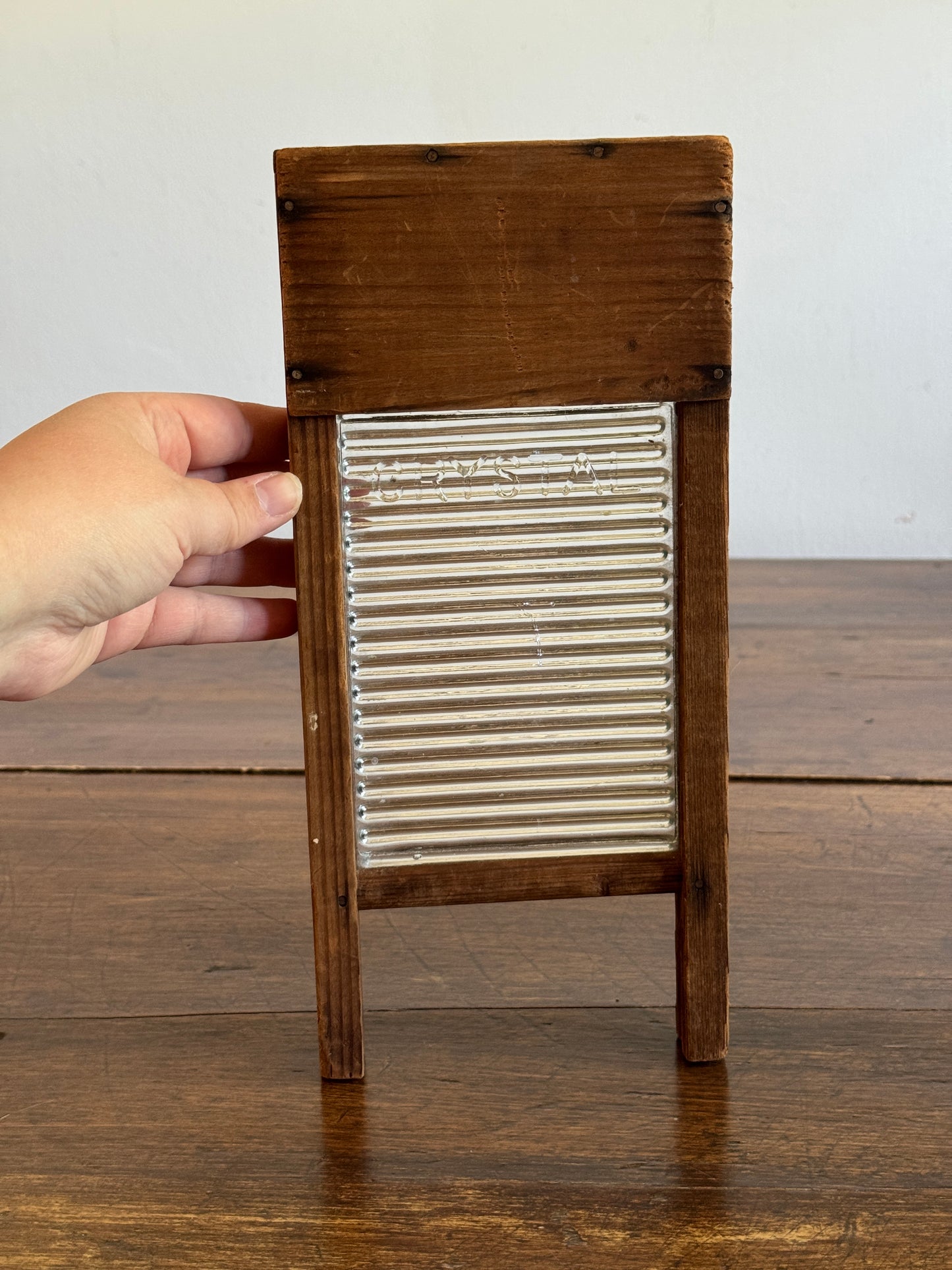 Vintage Small Child Size Wood and Glass Crystal Washboard