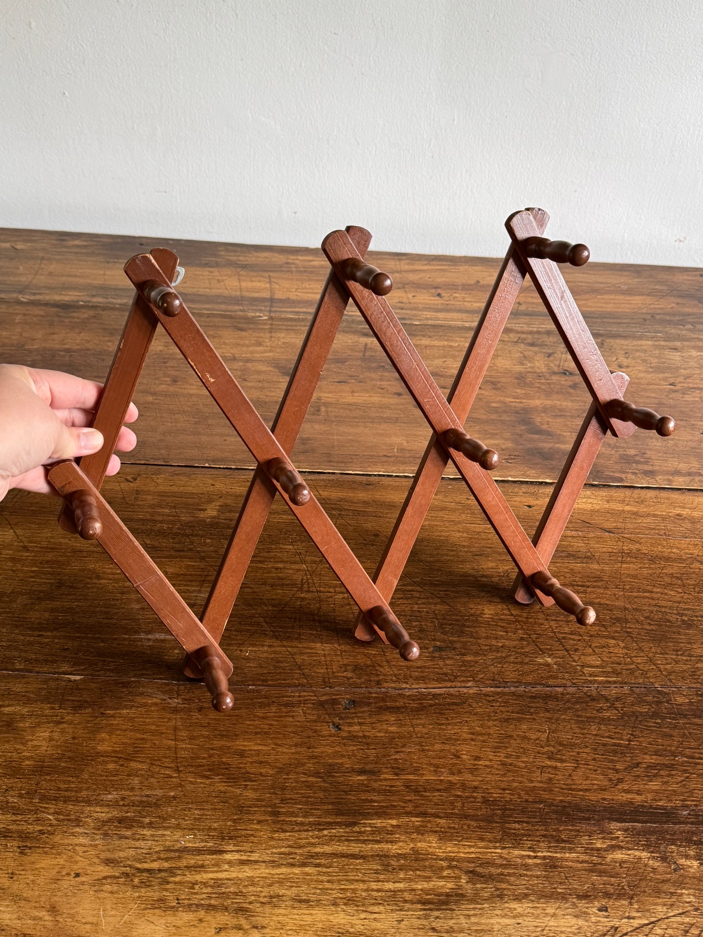Vintage Expandable Brown Accordion Peg Rack
