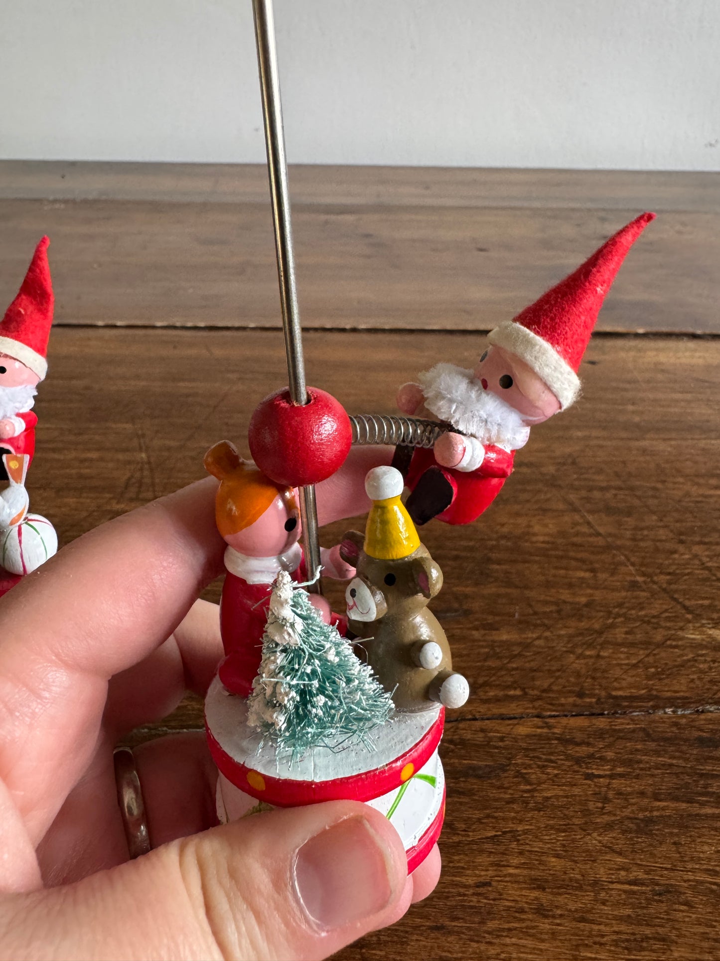 Two Wood Ornaments with Moveable Santa Figurine and Base Figurines - Made in Taiwan