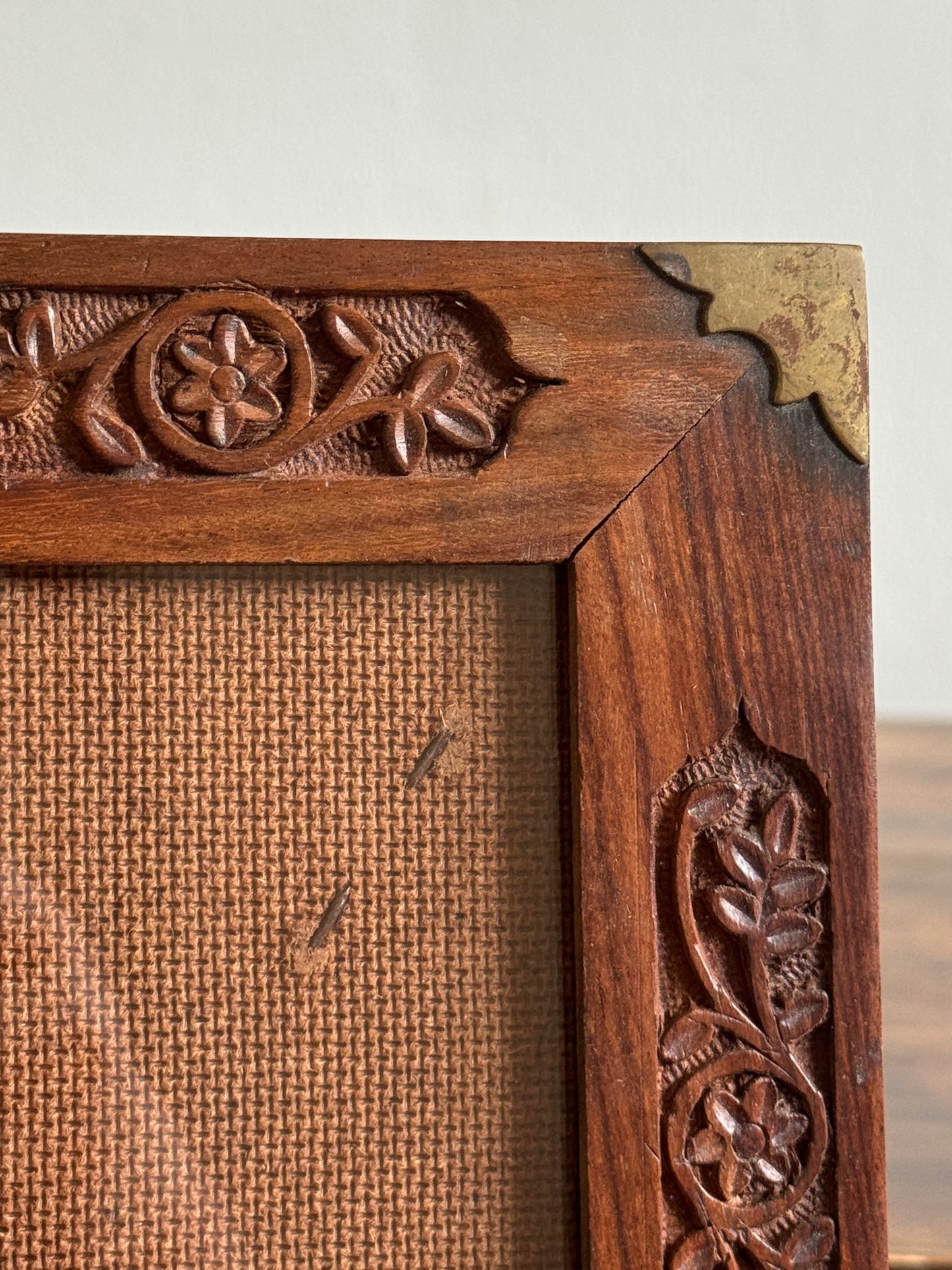 Wood Etched Frame with Floral Carvings and Brass Accents - Made in India