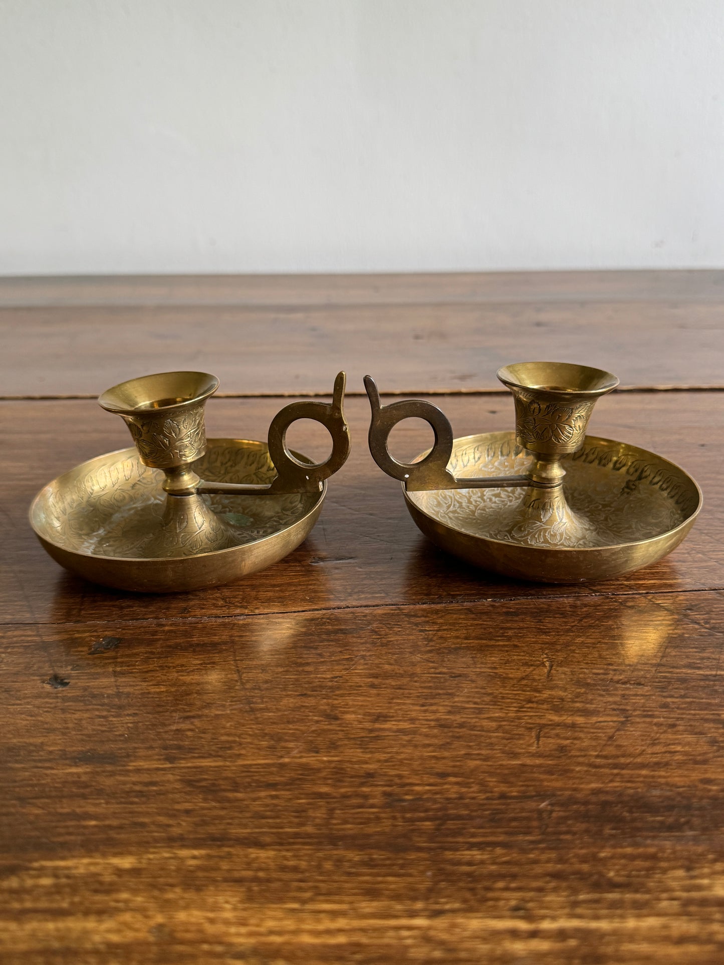 Vintage Brass Etched Floral Candle Holder Pair - Made in India