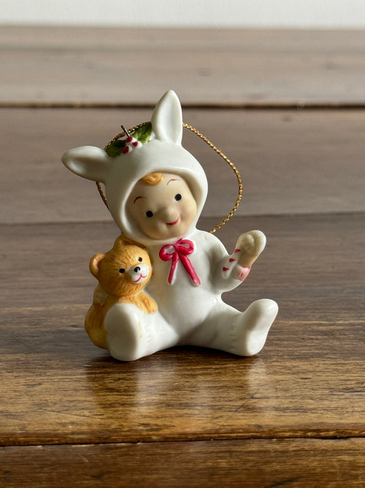 Vintage Ceramic Bunny Child with Bear Ornament