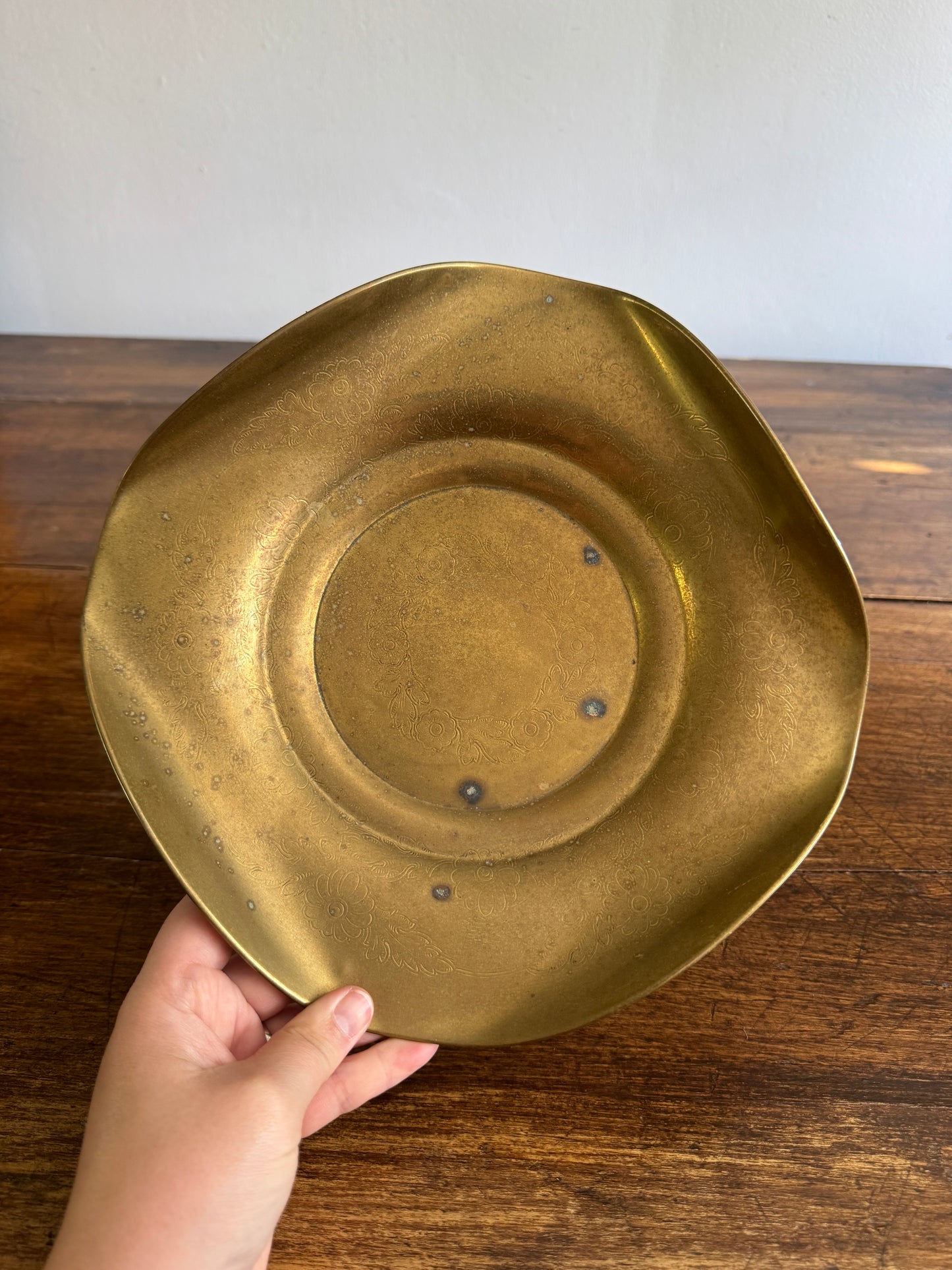 Vintage Curled Edge Brass Bowl with Light Floral Etched Pattern