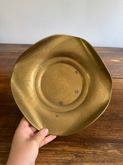 Vintage Curled Edge Brass Bowl with Light Floral Etched Pattern