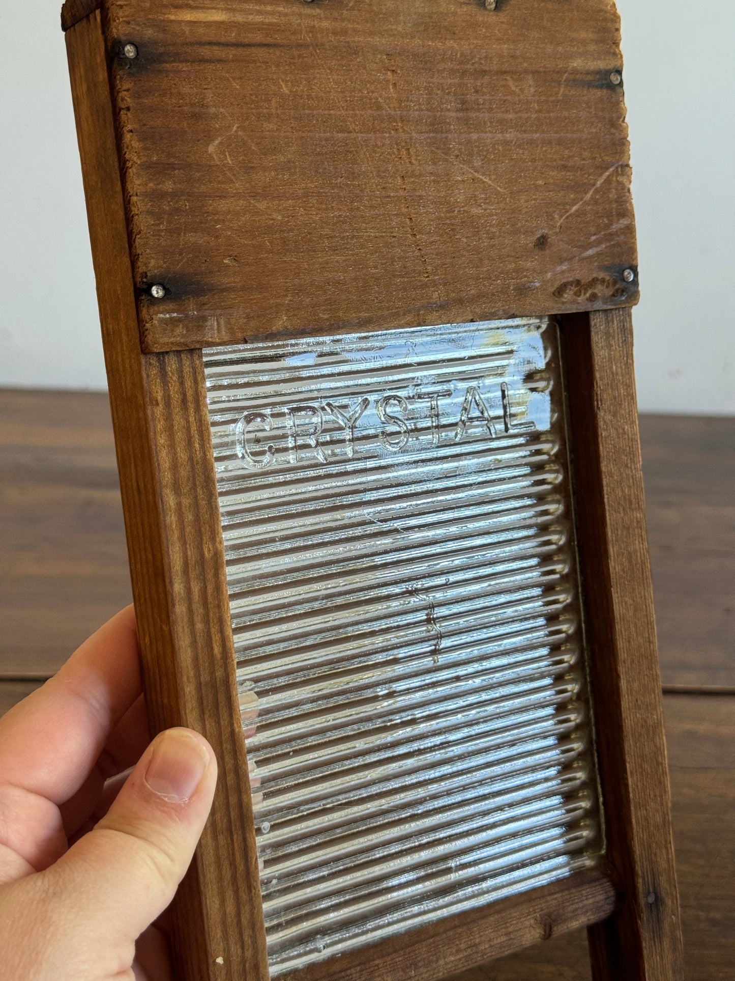 Vintage Small Child Size Wood and Glass Crystal Washboard