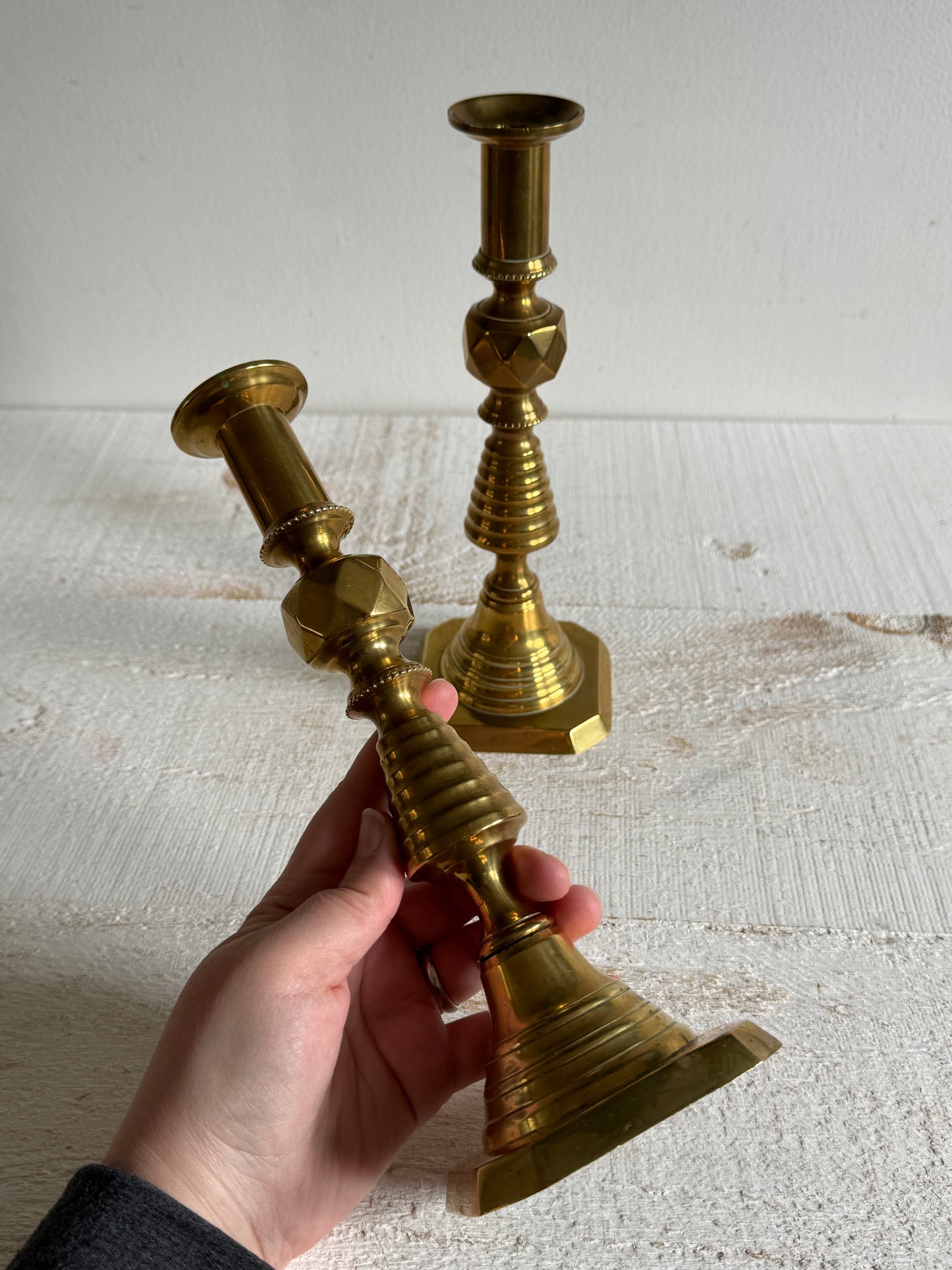 Vintage Pair of Brass Candlestick Holders with Push Up Base Design