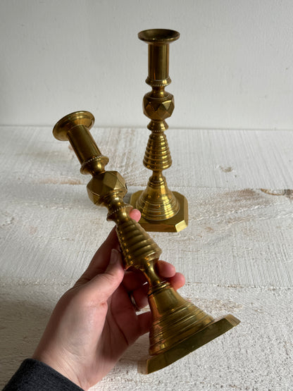 Vintage Pair of Brass Candlestick Holders with Push Up Base Design