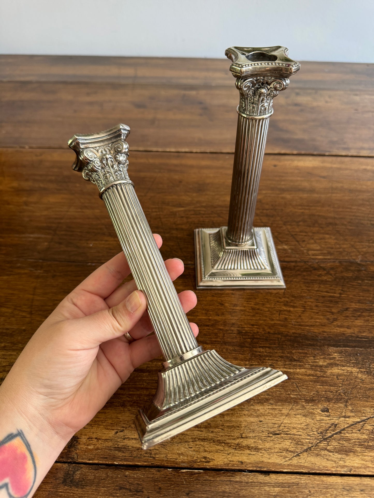 Silver Plated Column Candleholders - Greek Column Candle Holder Pair