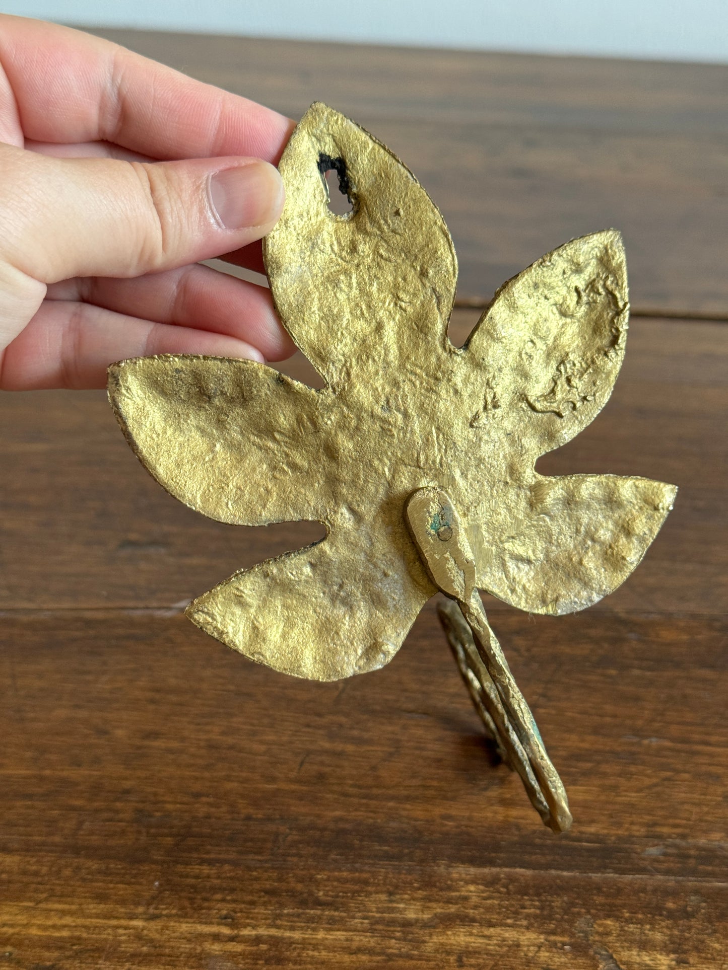 Vintage Cast Brass Leaf Hook with Swirled Hanger