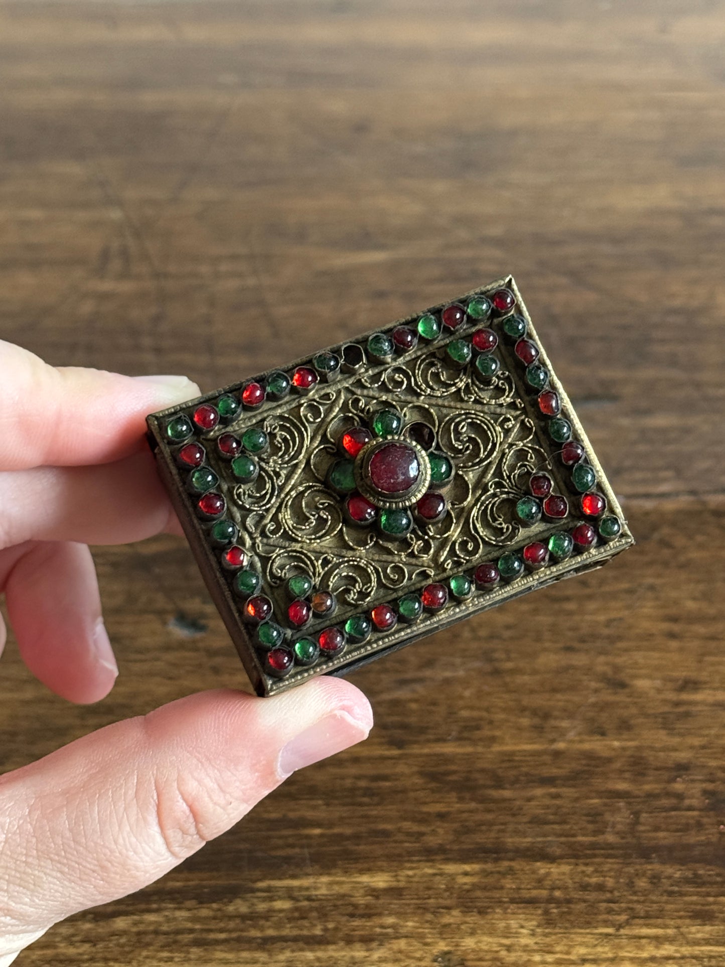 Small Decorative Metal Filigree and Glass Beaded Match Box Cover/Holder