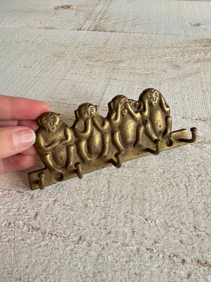 Vintage Brass Wise Monkey Key Hook Organizer - Four Wise Monkeys - Hear, See, Speak, Feel No Evil Key Rack