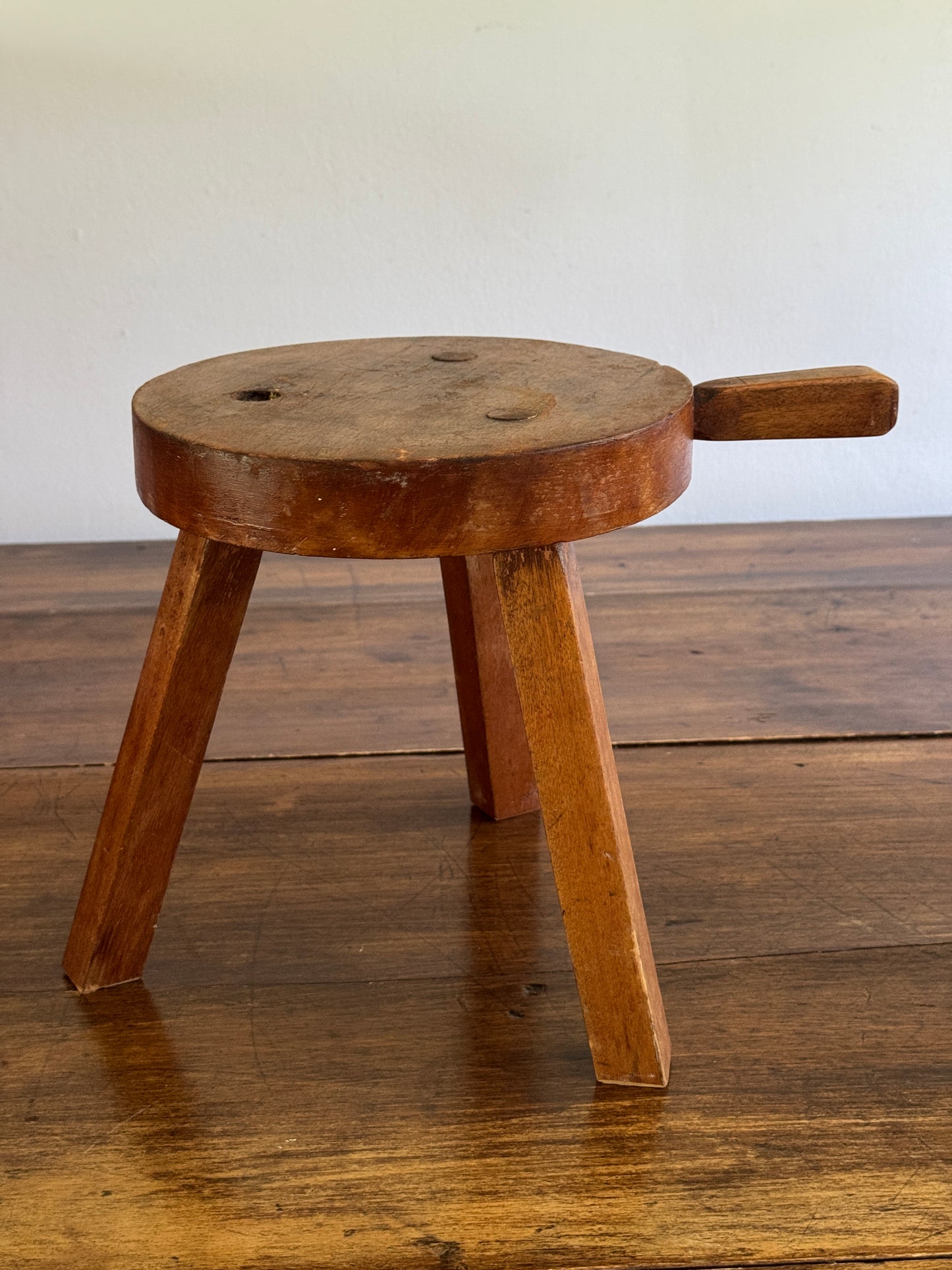 Vintage Small Wood Milk Stool with Handle and Tripod Legs