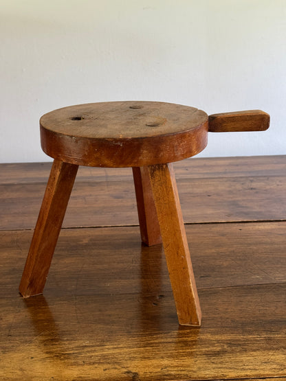 Vintage Small Wood Milk Stool with Handle and Tripod Legs