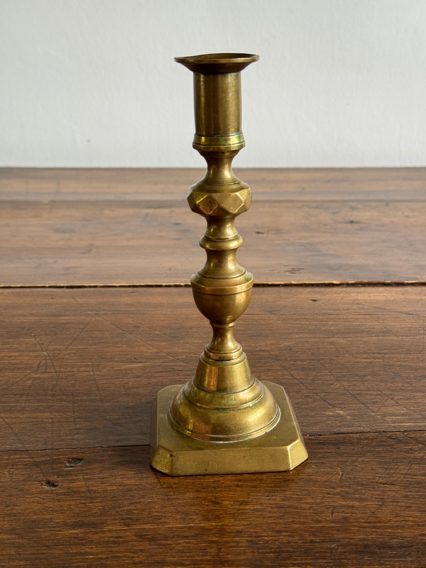 Single Vintage Brass Candlestick Holder with Squared Base and Ornate Post Detailing