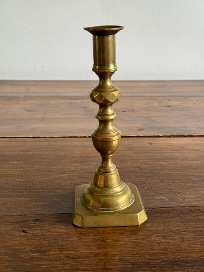 Single Vintage Brass Candlestick Holder with Squared Base and Ornate Post Detailing