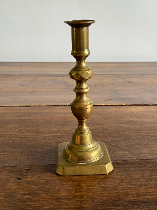Single Vintage Brass Candlestick Holder with Squared Base and Ornate Post Detailing