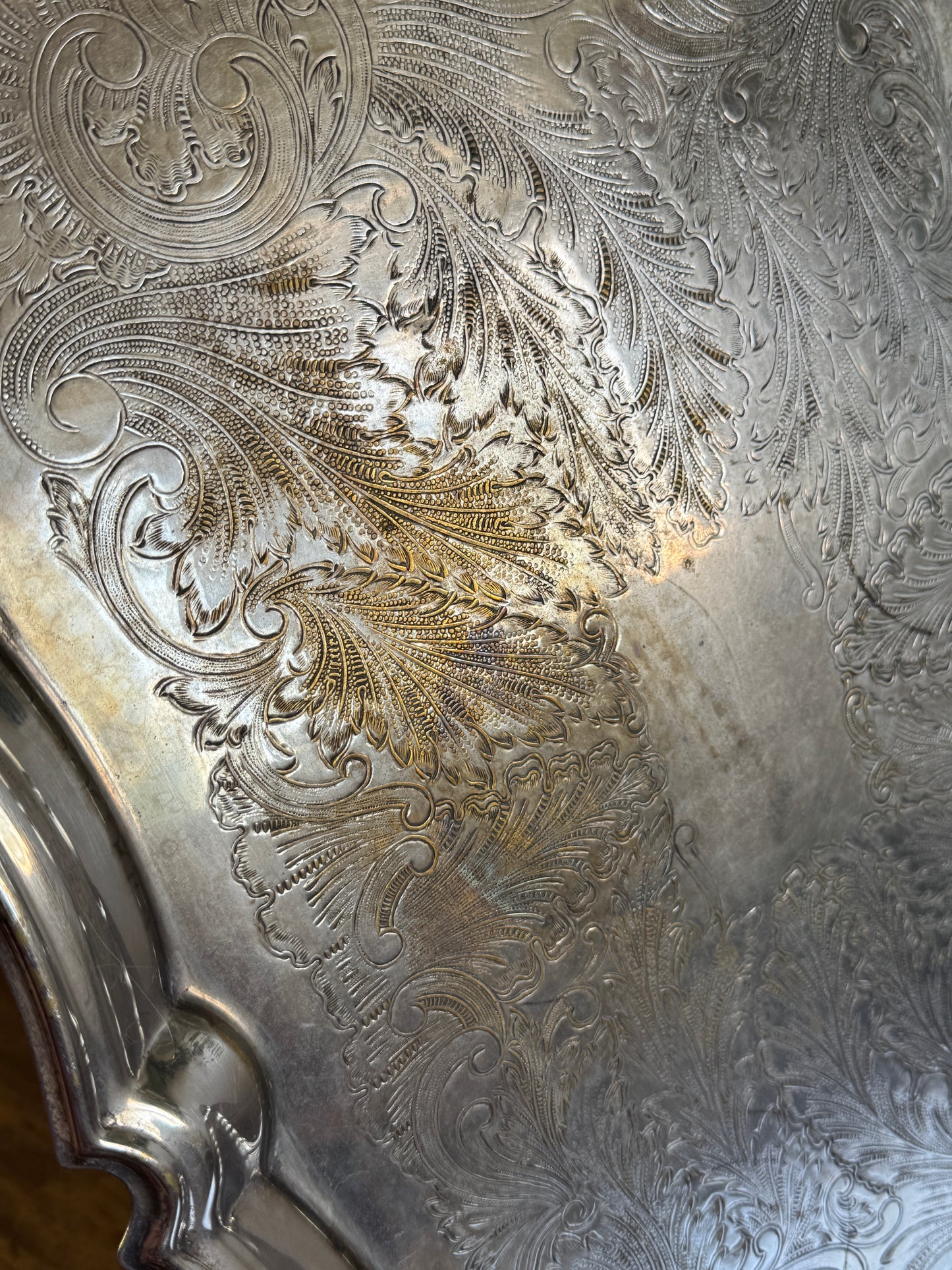 Vintage Large Leonard Silver Plated Over Brass Ornate Serving Platter with Raised Feet and Etched Detailing - Silver Plated Butler Tray
