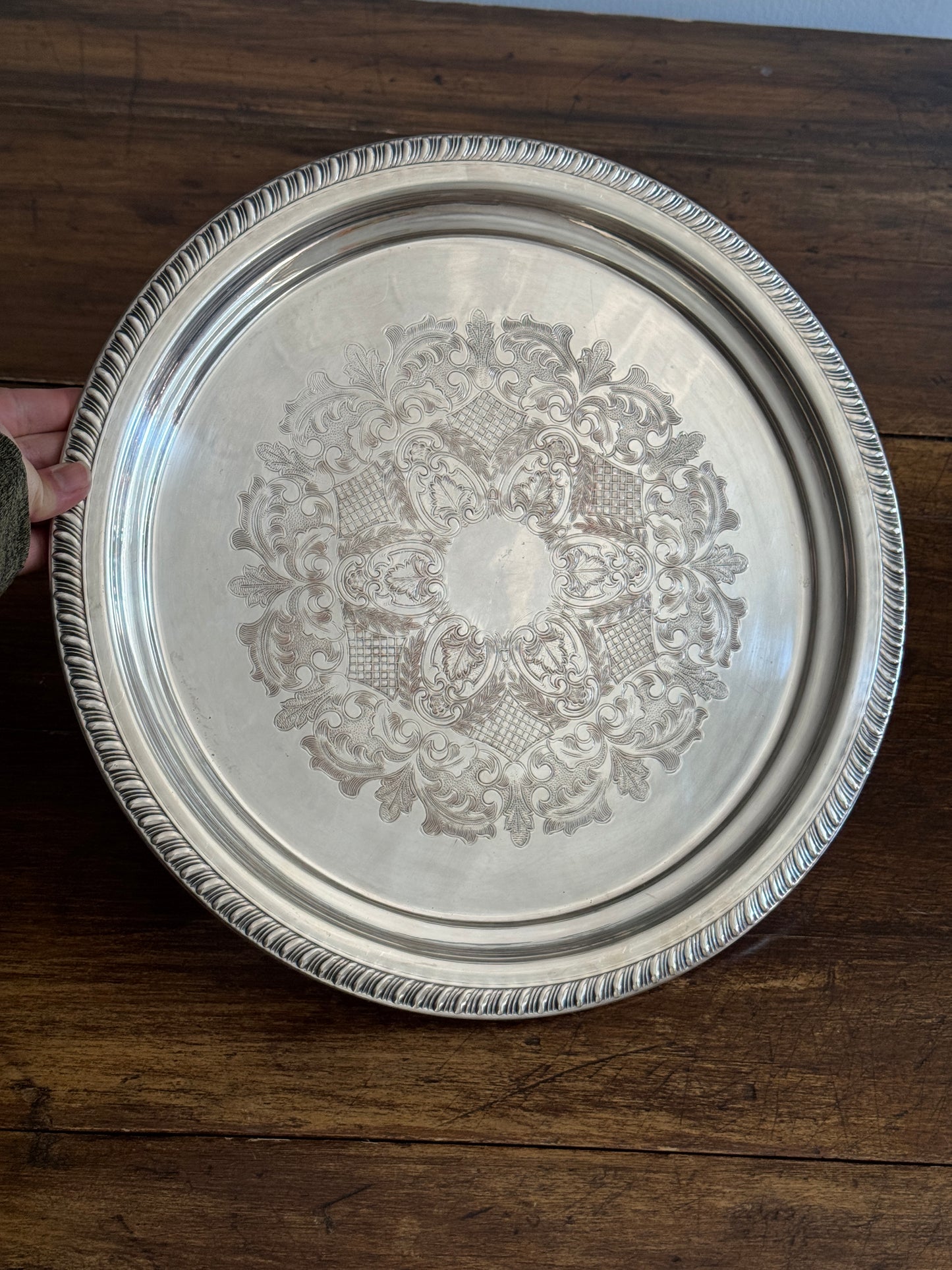 Large Vintage Viking Plate Silver E.P. on Copper Round Tray with Etched Detailing