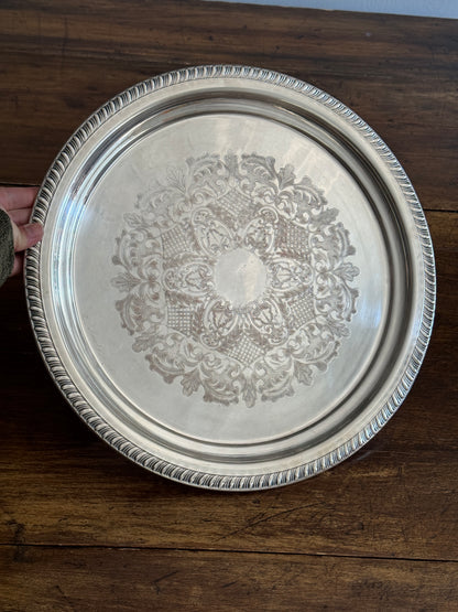 Large Vintage Viking Plate Silver E.P. on Copper Round Tray with Etched Detailing