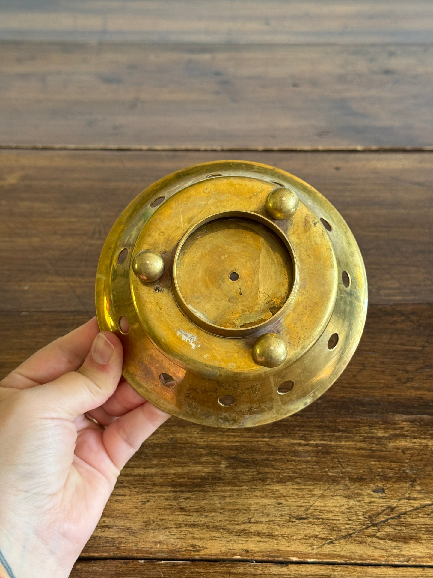 Vintage Brass Trinket Dish with Ring Base and Cutout Side Hole Design
