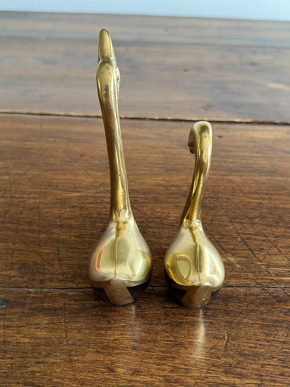 Set of Two Brass Swans with Black Base Detailing - Pair of Brass Birds