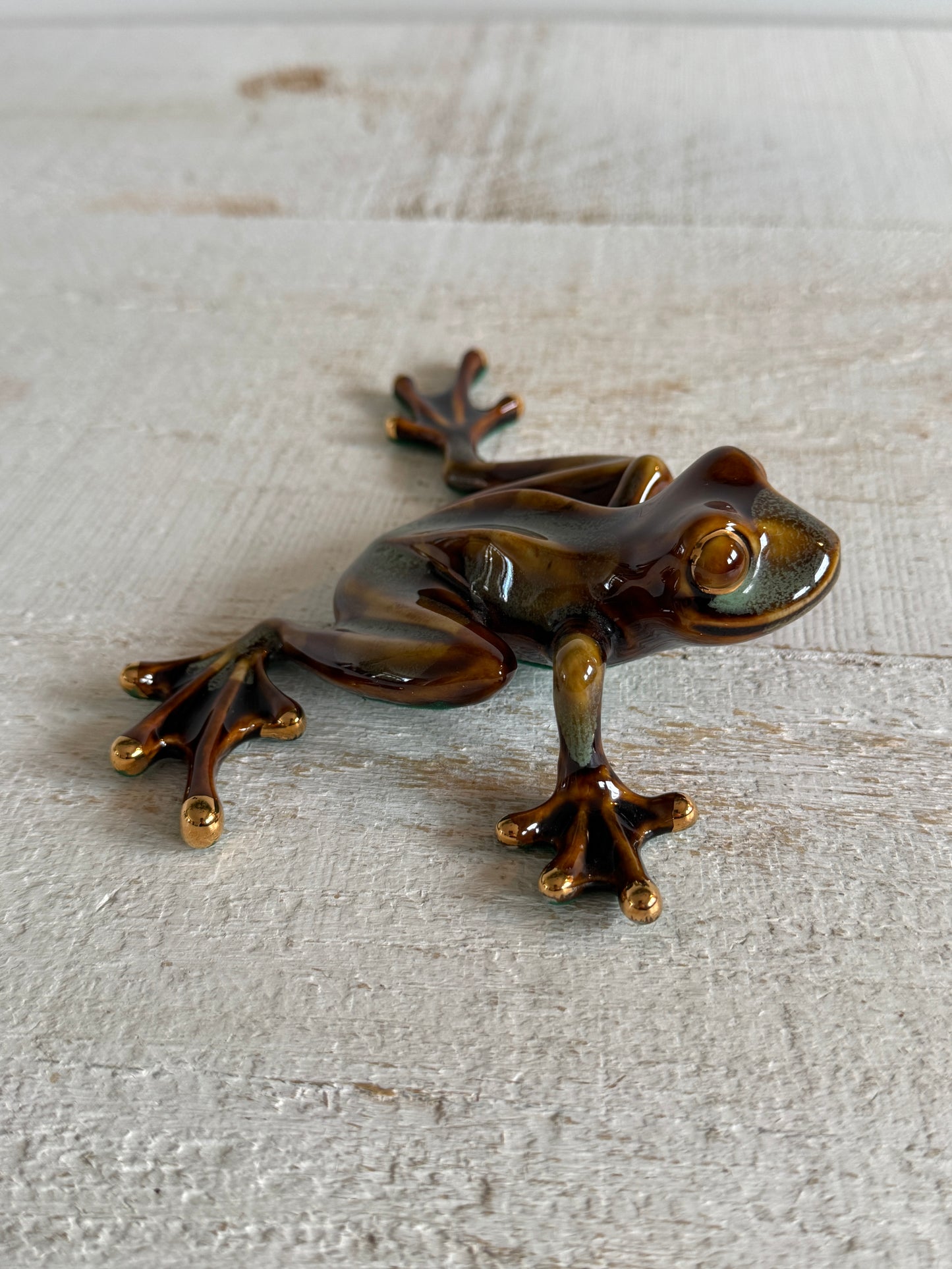 Vintage Pottery Frog with Large Feet - Gold and Green Glazed Frog Figurine
