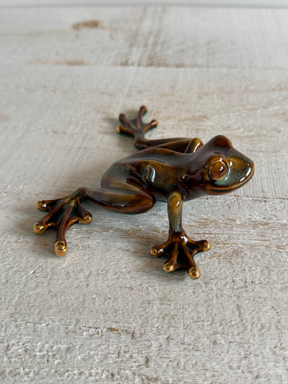 Vintage Pottery Frog with Large Feet - Gold and Green Glazed Frog Figurine