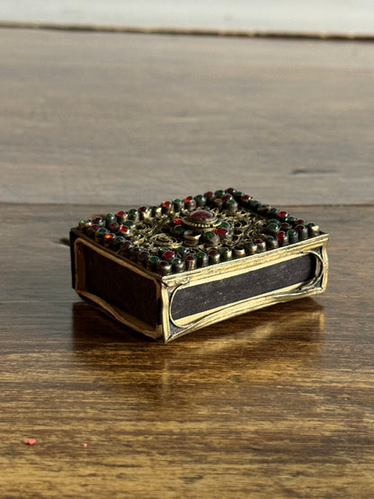 Small Decorative Metal Filigree and Glass Beaded Match Box Cover/Holder