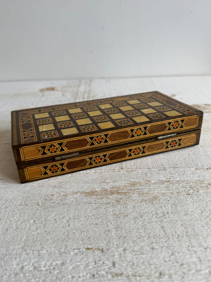 Small Travel Sized Folding Chess and Backgammon 2-in-1 Set with Stunning Marquetry Detailing and Wooden Pieces