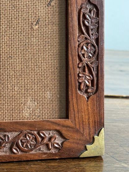 Wood Etched Frame with Floral Carvings and Brass Accents - Made in India