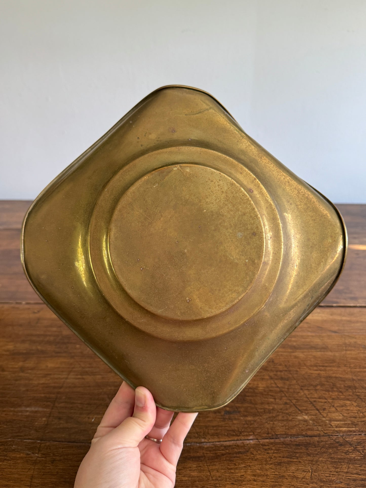 Vintage Curled Edge Brass Bowl with Light Floral Etched Pattern