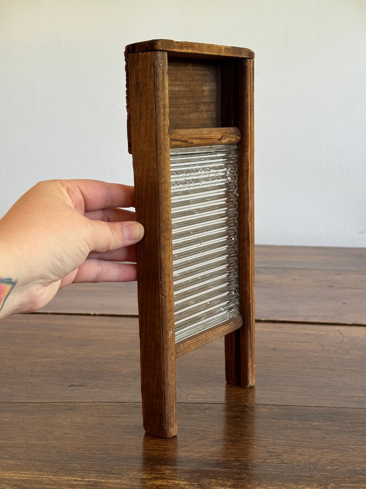 Vintage Small Child Size Wood and Glass Crystal Washboard