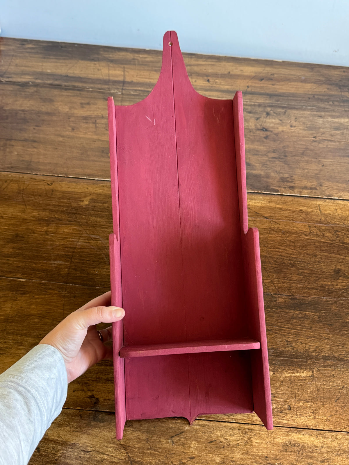 Primitive-Style Wall Shelf - Faded Red Painted Wall Shelf with Single Ledge and Ornate Back